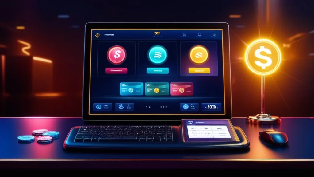 Ecrã de pagamentos com cartões, carteira digital e opções de levantamento num casino escuro.