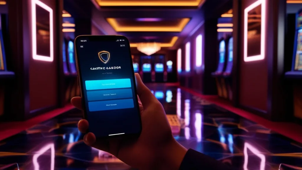 Telemóvel com login aberto num corredor de casino iluminado a néon