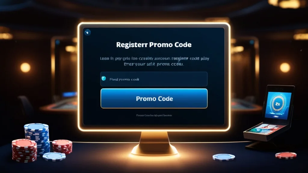 Pessoa a preencher registo com código promocional num ambiente de casino escuro