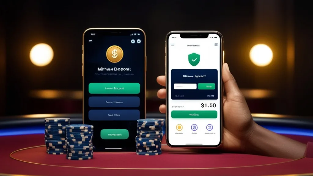 Ecrã de depósito mínimo num telemóvel ao lado de fichas e mesa de casino.