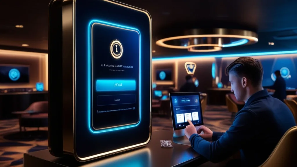 Painel de login brilhando num ambiente de casino escuro e elegante