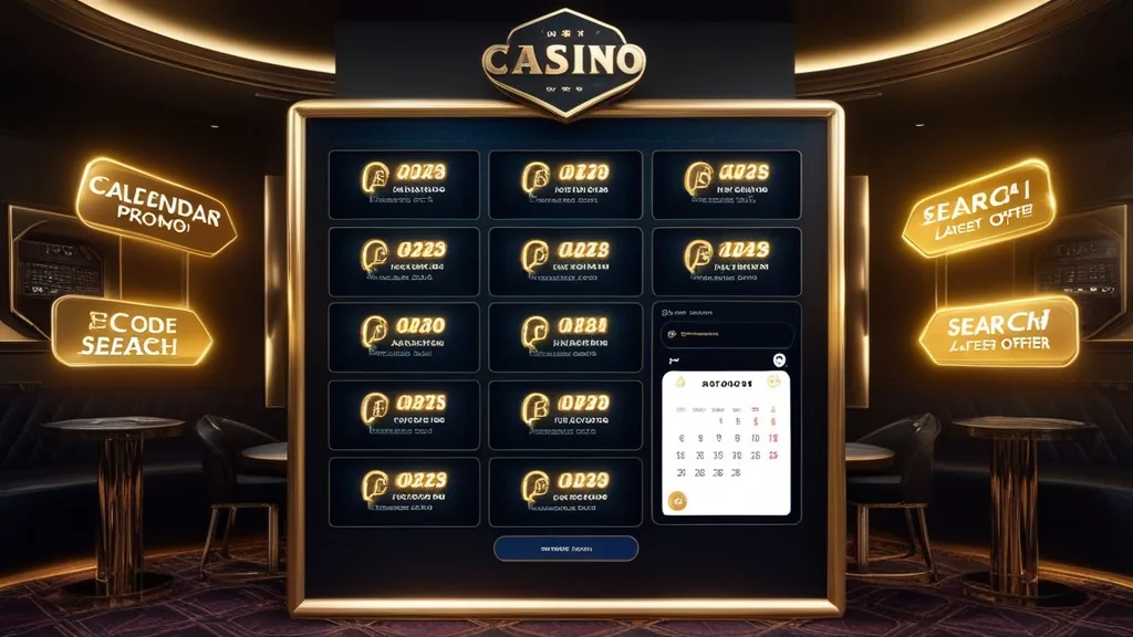 Painel com códigos promocionais atualizados e calendário num cenário de casino
