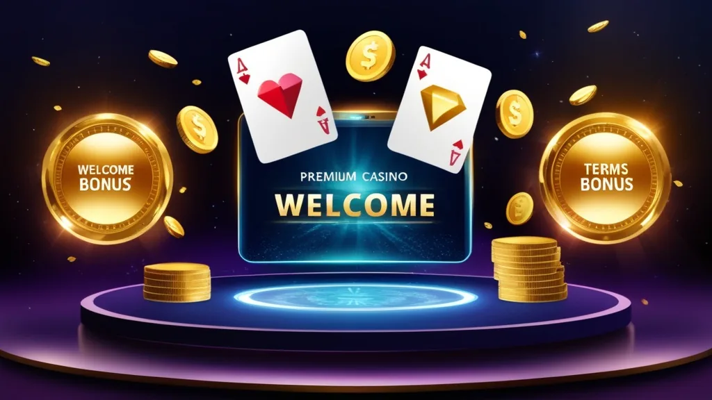 Painel de bónus de boas-vindas com tabela de condições num ambiente de casino